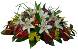 Flat basket with lilium, anthurium and Alstroemeria flowers