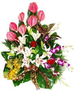 wicker basket with anthurium, lilium, orchid and Alstroemeria flowers