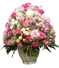 Radiant Round Vase with Colorful Roses and Gypsophila